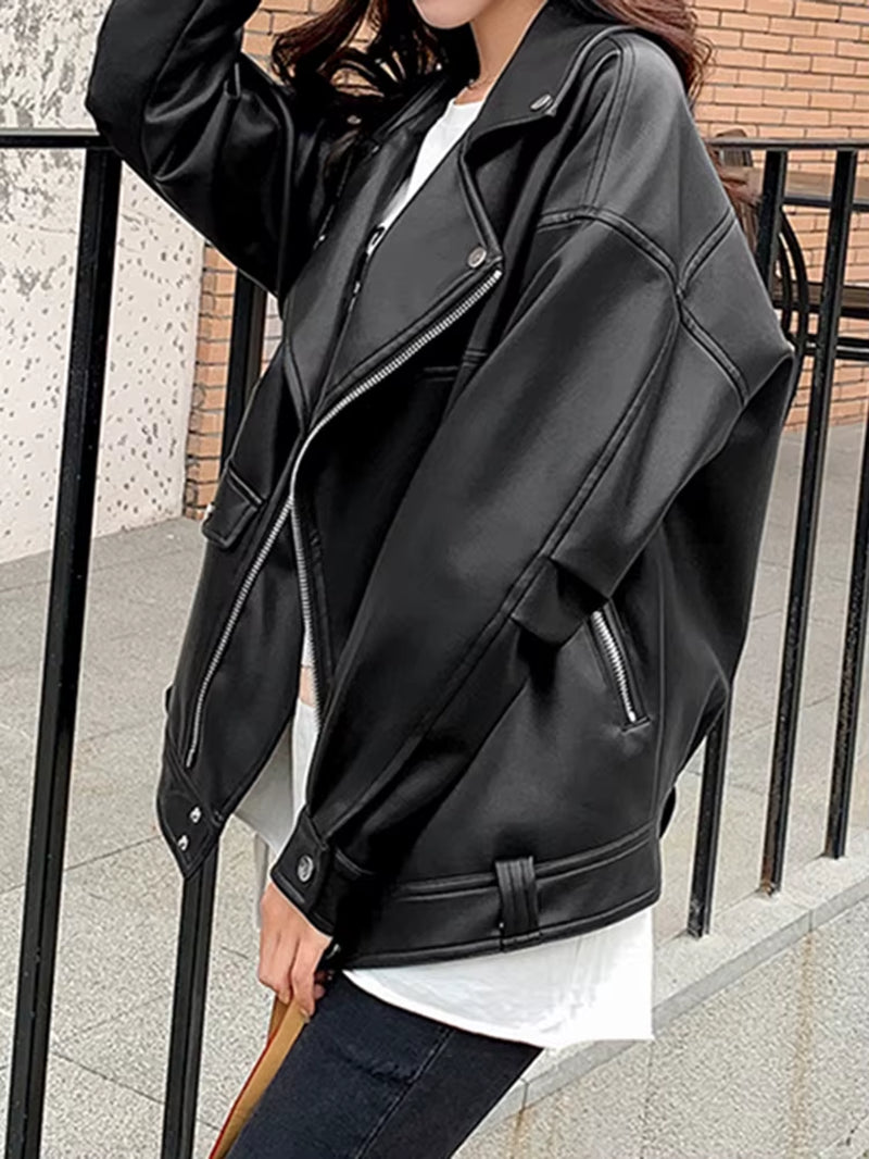Faux Leather Jacket Women Casual PU Loose Motorcycle Jackets Female Streetwear Oversized Coat Korean Chic New Spring