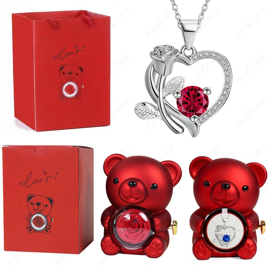 Caja Regalo con Forma de Oso + Collar de Corazón Rojo de Circonita – Regalo Romántico Inolvidable