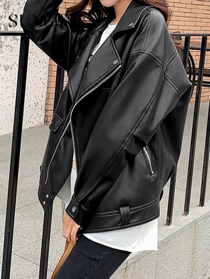 Faux Leather Jacket Women Casual PU Loose Motorcycle Jackets Female Streetwear Oversized Coat Korean Chic New Spring